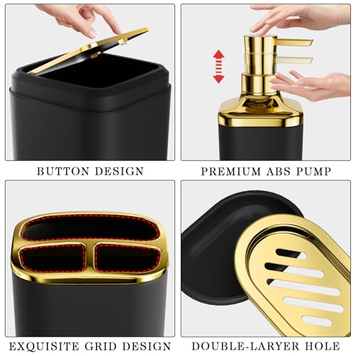 XLHOMO Bathroom Accessories Set - Luxury Black Bathroom Set, 9 Pieces Bathroom Accessory Set, Black Bathroom Accessories with Trash Can, Toilet Brush & Soap Dispenser - color: Black & Gold, size: Bathroom Set