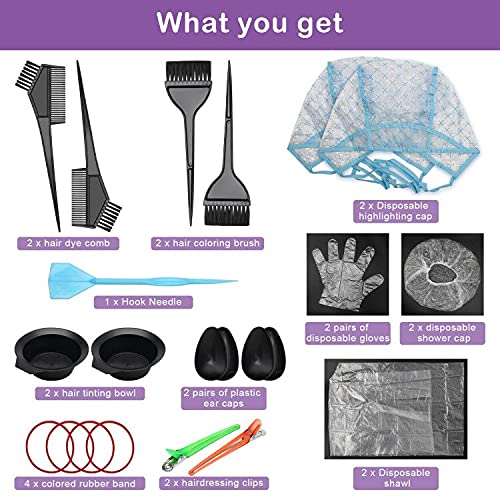 AHIER 23 Pack Hair Coloring Kit, Include Hair Dye Brush and Bowl Set, Highlight Cap Kit, Ear Cover, Gloves, Shawl, Shower Cap for DIY Salon Coloring Tools