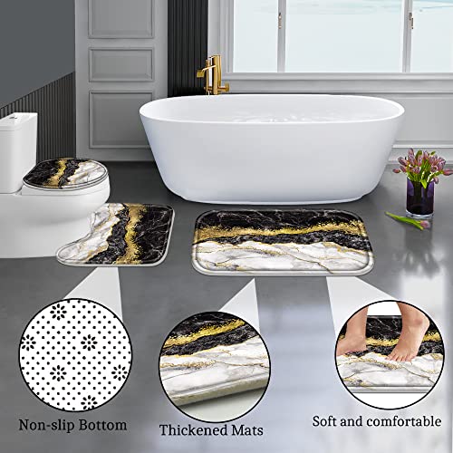 Poedist 4 Pcs Black and Gold Edge Marble Bathroom Shower Curtain Set, Bathroom Sets with Shower Curtain and Rugs(Bath Mat,U Shape and Toilet Lid Cover Mat) and 12 Hooks-Black - color: Black Yellow