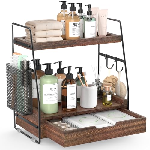 2-Tier Bathroom Counter Organizer with Drawer and Removable Basket, Wood Vanity Countertop Storage for Perfume, Makeup, Skincare, Bathroom Counter Shelf, 13" x 7.9" x 14.5", Dark Brown - color: Dark Brown