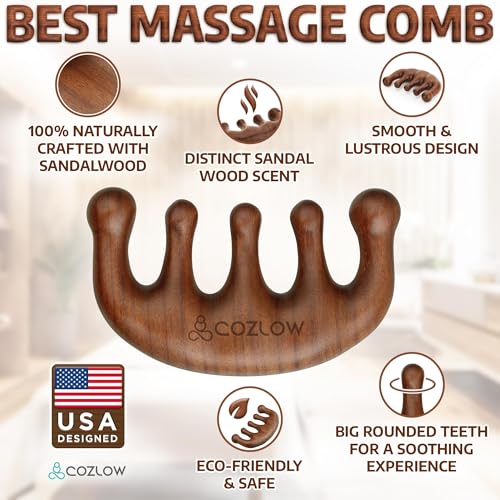 Cozlow Head Scalp Comb - Premium Wooden Massage Comb for Neck & Shoulder - Natural Sandalwood Massager for Soft & Smooth Hair - Wood Therapy Massage Tool for Stress Relief & Muscle Relaxation