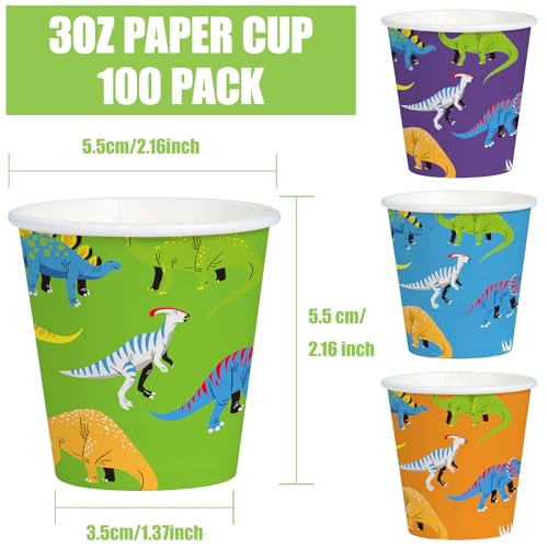 WRAPAHOLIC 3oz Dinosaur Paper Cups - 100 Pack Disposable Bathroom Cups with Green Orange Blue Purple 4 Designs, Small Mouthwash Cup for Toothbrush Rinse, Home Bathroom Baby Shower and Kids Birthday - color: Green/Orange/Blue/Purple Dinosaur