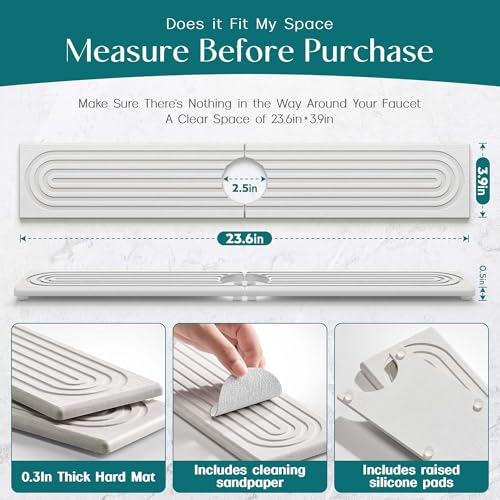 Eormoe Faucet Mat for Kitchen Sink – Diatomite Stone Drying Mat & Sink Protectors, Prevent Moisture – Sink Splash Guard Water-Absorbing Stone Tray for Bathroom Counter (Light Grey, 23.6" x 3.9") - color: Light Grey, size: 23.6" x 3.9"