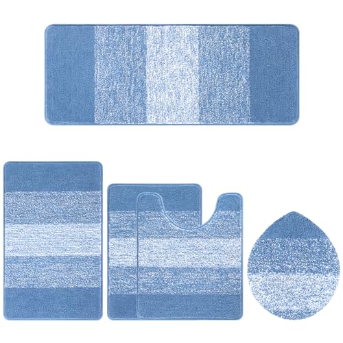 Bsmathom Bathroom Rugs Sets 5 Piece, Soft Absorbent Microfiber Bath Rugs with U-Shaped Contour Toilet Rug and Toilet Lid Cover, Thick Non-Slip Plush Shaggy Bath Mat Set,Blue - color: Blue, size: 18"x26"+20"x31"+20"x48"+U20"x24"+Cover19"x21"