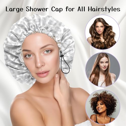 Luxury Shower Cap Silk Satin Lined Waterproof Reusable Adjustable Elastic Dry Hair Bathing Caps Cute for Women Girls-Gray Cheetah Leopard - color: C-20-Gray Cheetah Leopard