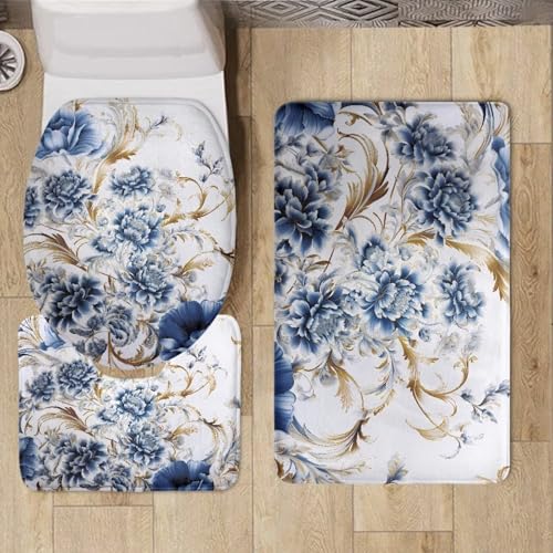Blue Floral Bathroom Rug Set, Bath Rug +Bathroom Rug + Toilet Seat Cover, Super Soft Microfiber Water Absorbent & Non-Slip Bathroom Rugs with PVC Point Rubber Backing, Machine Washable - color: Blue Floral1