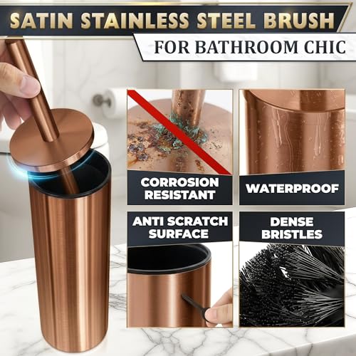 Bronze Toilet Brush and Holder Set - Upgrade Your Bathroom in Seconds - Rust Resistant Stainless Steel Toilet Bowl Brush and Holder with Replaceable Head, Removable Inner Bowl & Splash Guard Cover - color: Bronze