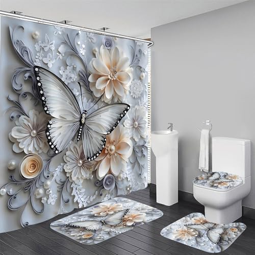 DDQQ 4Pcs Shower Curtain Sets, Blue White Butterfly Bathroom Curtains Shower Set, Bathroom Decor Sets, Shower Curtain for Bathroom with Rugs, Toilet Lid Cover, Bath Mat and 12 Hooks, 71 x 71 Inches - color: Blue and White