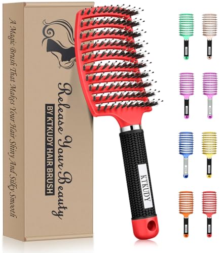 KTKUDY Detangling Brush Boar Bristles Hair Brush Make Hair Shiny & Healthier Curved and Vented Detangler Brush for Women Men Kids Wet and Dry Hair (Red) - color: Red
