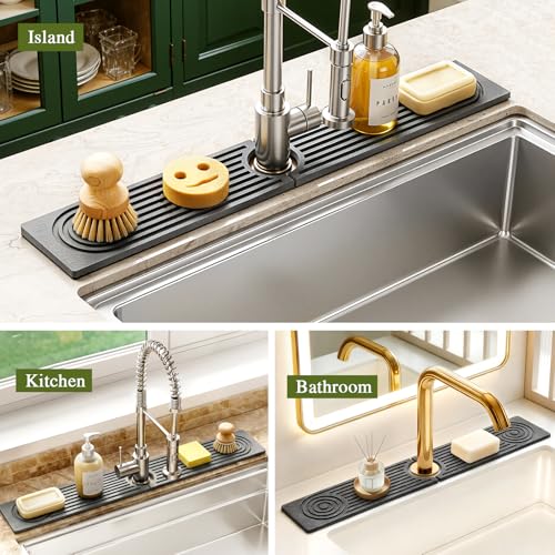 2 Pack Stone Faucet Mat for Kitchen Sink, Absorbing Drying Stone Mat Prevent Moisture, Sink Splash Guard Water,Natural Diatomite Stone Tray for Bathroom Counter 23.6*3.9inch (White+Grey) - color: White+Grey