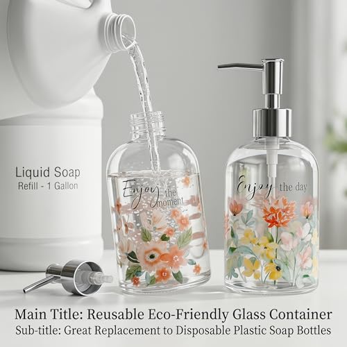 Topadorn Glass Soap Dispenser Set of 2, 17oz Refillable Hand & Dish Soap Dispensers with Pump, Decorative Floral Soap Bottles for Kitchen & Bathroom Counter - color: Pink Soft Pink