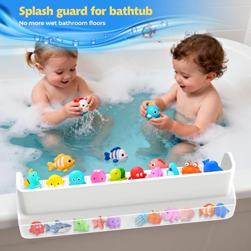 Splash Guard for Bathtub,Kids Bath Toy Tray Caddy Holder, Silicone, Gray | Bath Toy Storage Bag,Guard for Bathtub with Mesh Bathtub Toy Storage,Super Adsorption - Extended Design for Splash Protection