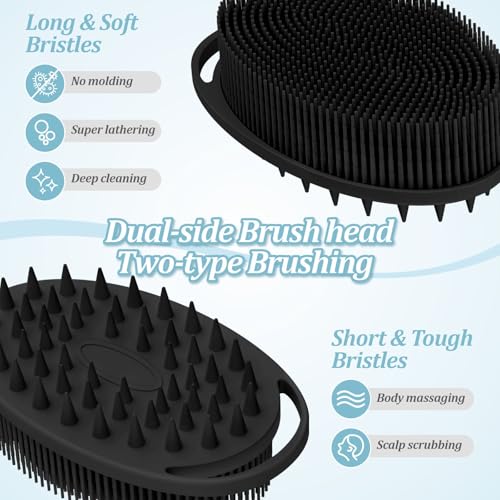 Soft Silicone Body Scrubber Set, 2PCS Dual-Side Silicone Loofah for Gentle Exfoliating and Scalp Massaging, Hygienic Shower Scrubber Shampoo Brush for Kids, Women, Sensitive Skin(Black+Green) - color: Black+green
