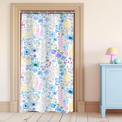 Riyidecor Small Stall RV Blue Floral Shower Curtain for Bathroom Decor 36Wx72H Boho Wildflower Watercolor Plant Leaves Botanical for Girls Art Printed Fabric Polyester Waterproof 7 Pack Plastic Hooks - color: D-blue, size: 36"W x 72"L (Pack of 1)