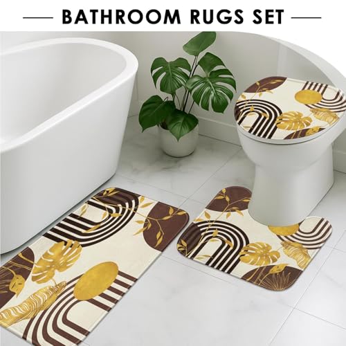 Boho Brown Shower Curtain Set with Toilet Lid Cover and Non-Slip Rugs, Gold Tropical Abstract Geometric 4 Pcs Modern Minimalist Vintage Shower Curtain for Bathroom Set with 12 Hooks - color: Brown