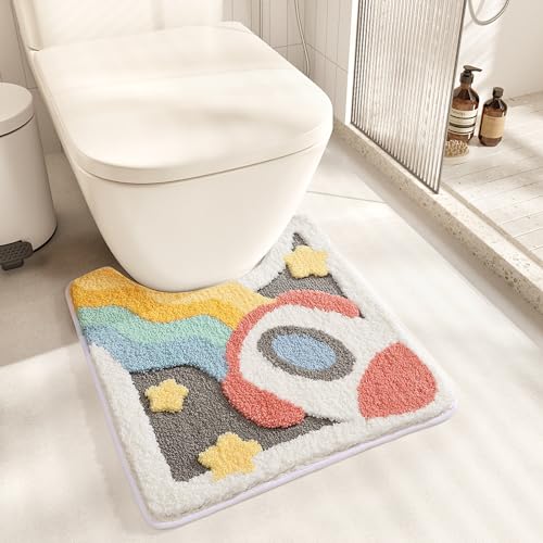 Cute Toilet Rug U Shaped, Microfiber Bathroom Toilet Rugs Non Slip Bath Mat Toliet Rug Machine Washable Absorbent Bathroom Rugs 20 x 22 Inches, Spaceship - color: Rocket