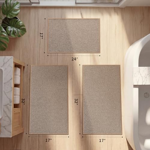 YIHOUSE Thin Bath Mat Khaki Bathroom Rugs Sets 3 Pieces, Non Slip Absorbent Bath Mats Quick Dry, Woven Braided Rugs Washable,Tapetes para Baño for Bathroom,Bathtub(17"x24"+17"x32"+17"x32") - color: Khaki, size: 3Pieces(17"x24"+17"x32"+17"x32")