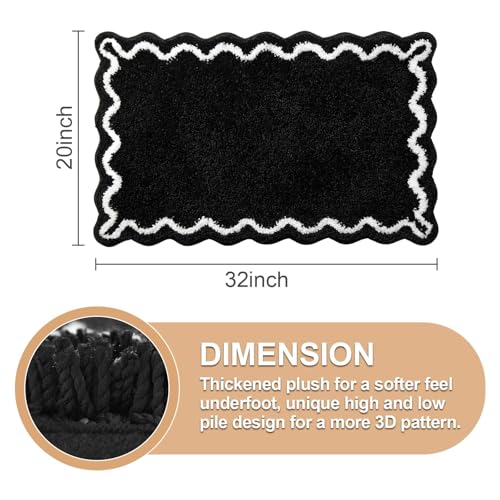 ORTIGIA Black Bath Mat with White Scallop Non Slip, Quick Dry Bath Rug Absorbent Soft Plush Microfiber Bathmat for Bathroom Floor Carpet for Sink Bedroom, 20x32 - color: Black, size: 1'8" x 2'8" (Scalloped)
