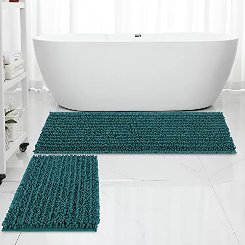 FLOLEOPA Luxury Chenille Teal Green Bathroom Rugs Bath Mats Sets, Extra Soft and Absorbent Bathroom Rugs Non Skid Machine Wash Dry Bath Mats（47"x17" Plus 17"x24"） - color: Teal Green, size: 47"x17" Plus 17"x24"