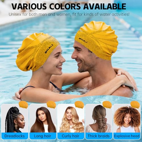 WHALE Extra Large Swim Cap Designed for Men and Women with Thick, Long Hair, Hair Extensions Or Afro-Textured Hair Long-Hair Swim Cap Highly Waterproof to Keep Hair Dry - color: Yellow