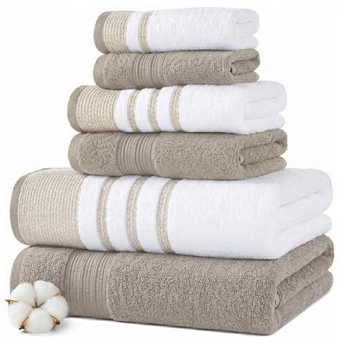 Modern Threads 6-Piece Towel Set – 100% Cotton, Quick Dry, Ultra Absorbent – Includes 2 Bath, 2 Hand, 2 Washcloths (White/Reinhart Tan) - color: Brown, style: Classic Stripe