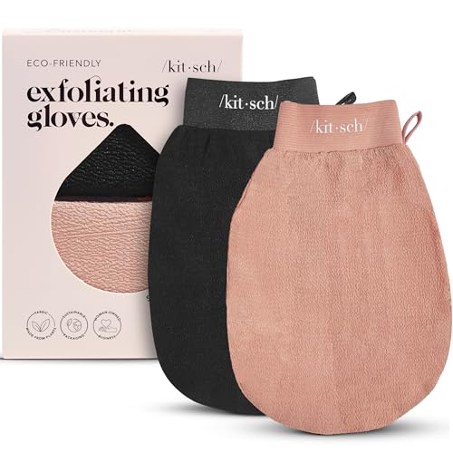 Kitsch Exfoliating Gloves 2pc – Korean Exfoliating Mitt & Deep Exfoliating Body Scrubber for Shower, Bath | Body Exfoliator, Dead Skin Remover | Skin Care for Smooth, Renewed Skin - Black & Terracotta - color: Black & Terracotta, size: 1 Count (Pack of 2)