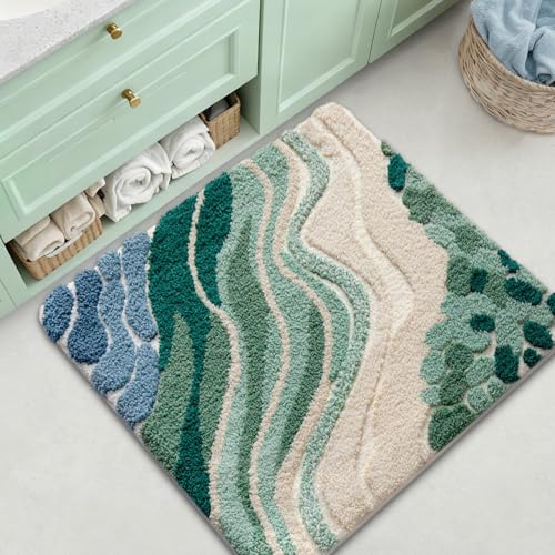 LUMI Beach Bathroom Rug Square, Non Slip Bath Mat Quick Dry, Ultra Soft Washable Absorbent, Ocean Sea Theme Bath Rug for Shower Floor, Home Decor, Kids Room, Bathtub, 32"x32" - color: A-beach Green, size: 32"x32"(Square)