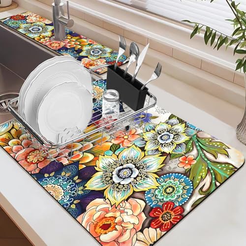 19.5" x 12" Dish Drying Mat & 24" x 5.5" Sink Splash Guard, Super Absorbent Drainer Rack Mat for Kitchen Counter Coffee Bar - color: Purple, size: 19.5"*12"+24"*5.5"