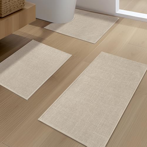 YIHOUSE Beige Bathroom Rug Set, 3 Piece - Absorbent Non Slip Bath Mat, Quick Dry, Thin Bath Rug for Toilet and Floor - color: Beige, size: 3 Piece (17"x24" + 17.5"x24"U + 17"x32")