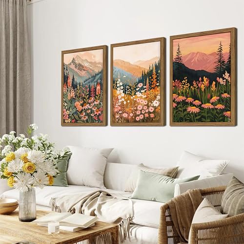 Boho Colorful Landscape wall art Wildflower Mountain Wall Decor Vintage Floral Forest Paintings Rustic Nature Pictures Canvas Prints for Living Room Bedroom Dining Room 16x24 Inch Wood Framed - color: Colourful, size: 16x24Inch Framed