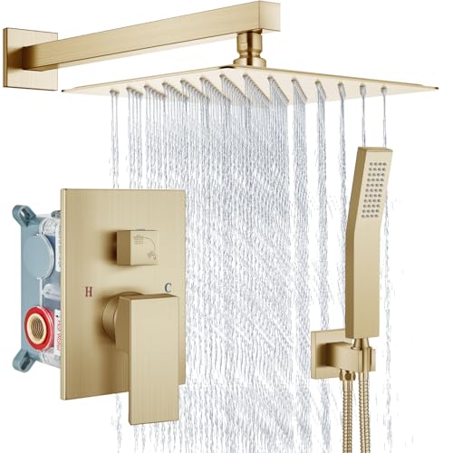 Aolemi Shower Faucet Set Rain Shower System with Handheld Spray Bathroom Shower Combo Rough-in Valve and Shower Trim Kit Included Brushed Gold 12 Inch Wall Mount Shower Head - color: Brushed Gold, size: 12 Inch Wall Mount Shower Head