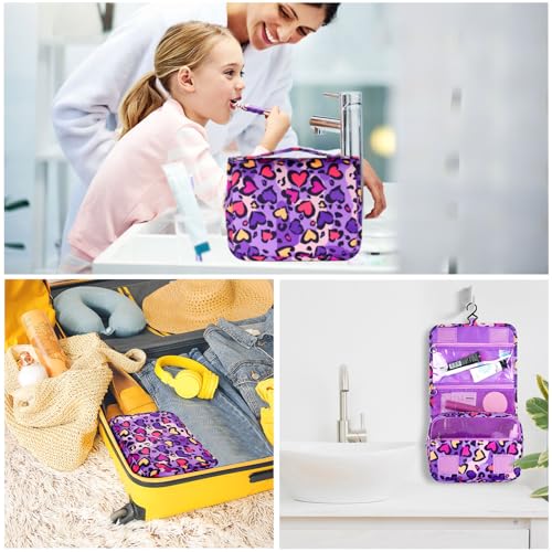 Kids Hanging Toiletry Bag for Girls, Travel Toiletry Bag for Little Young Girls Cosmetic Makeup Waterproof Wash Bag Toddler Traveling Toiletries, Leopard Purple - color: Leopard-Purple