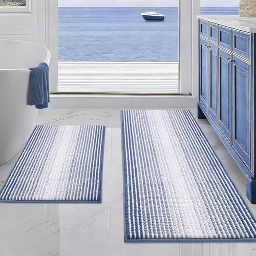 BSICPRO Bathroom Rugs and Mats Sets, 2 Piece Thick Absorbent Chenille Bath Mat Rug Set Non Slip, Soft Shaggy Bath Room Floor Mats for Bathroom, Machine Washable (20" x 47" Plus 16" x 24",Denim Blue) - color: Denim Blue, size: 20" x 47" Plus 16" x 24"