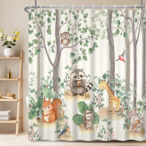 Fabric Shower Curtain with Hooks YJY01568 - color: Cute Forest Critters