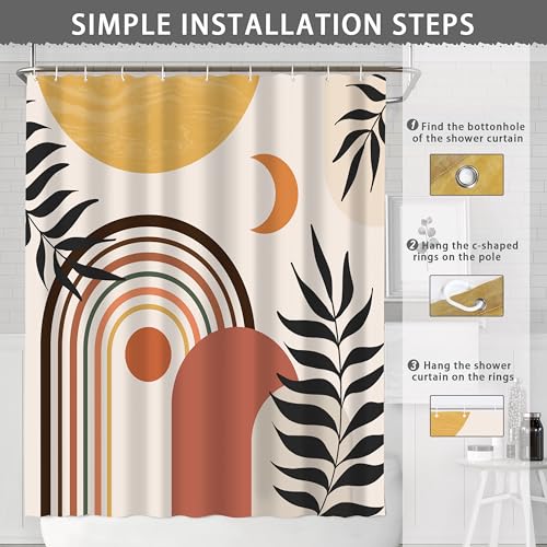 Mid Century Abstract Boho Aesthetic Shower Curtain Set, Green Nature Leaf Sun Modern Minimalist Home Bathroom Curtain Decor with 12 Hooks 72 Inch Wide * 84 Inch High - color: Yellow, size: 84"W x 72"L (Pack of 1)