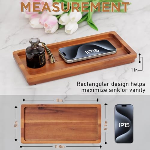 Demigo Bathroom Vanity Tray, Natural Acacia Organizer Tray, 11.8 x 5.9 in | Wooden Countertop Holder for Cosmetics Jewelry Candle & Keys, Decorative Tray for Toilet Tank, Kitchen & Sink Decor - color: Acacia