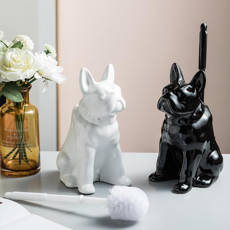 Comeon Ceramic Dog White/Black Toilet Brush and Holder Set, Plastic Handled Scrub Brush for Bathroom Cleaning,13.7"*6.3" (White) - color: White, size: Dog