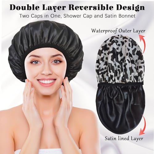 Shower Cap for Women, Shower Caps Reusable Waterproof, Large Plastic Satin Lined Shower Cap for Braids Long Hair - color: Cow stripes