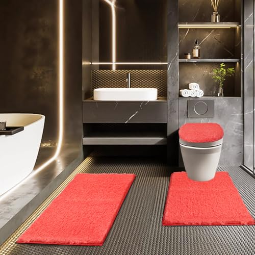 Bathroom Rugs Sets 3 Piece with Adjustable Toilet Seat Cover 17.5"x 15" Machine Washable Bath Rug Set with TPR Non Slip Rubber Backing Solid Bath Mat Set for Luxury Bathroom Decoration - color: Hot Coral