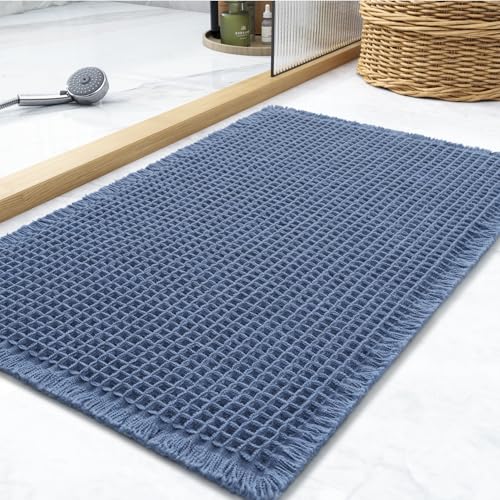 Waffle Bath Mat Rug, Super Absorbent Non Slip Bath Mats for Bathroom Mat Ultra Soft Bathmat Machine Washable Bathroom Rugs with Tassels, Bath Rugs for Bathroom Floor Beside Tub, 24" x 36", Blue - color: Blue, size: 24" x 36"