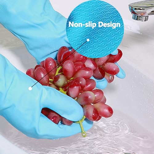 KINGFINGER Dishwashing Cleaning Gloves, 2 Pairs Reusable Rubber Gloves PVC Latex-Free Waterproof Long Cuff and Flock Lining Household Cleaning Gloves for Women - color: Blue+purple