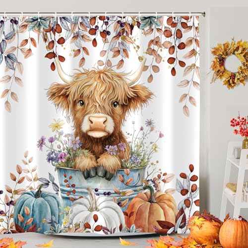 4PCS Fall Highland Cow Shower Curtain Bathroom Sets with Rugs, Toilet Lid Cover and Bath Mat, Autumn Pumpkin Thanksgiving Farmhouse Country Bathroom Decor Set with 12 Hooks - color: Fall Highland Cow