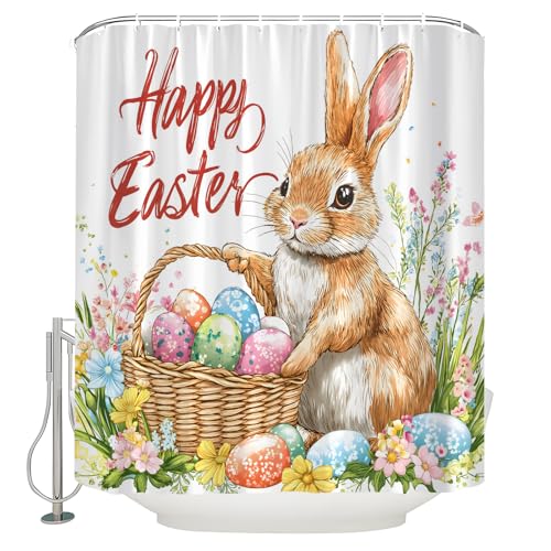 Easter Shower Curtain Cute Rabbit Colorful Eggs Spring Floral, 70x70 Inch | Rustic Bunny, Watercolor Flower Plant, Polyester Bath Curtain, Includes Hooks