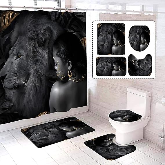 African Women and Lion Grey Shower Curtain Set with Non-Slip Rugs and Toilet Lid Cover Wildlife Safari Theme Fabric Shower Curtain Bathroom Decor with Hooks Waterproof Washable 72" x 72'' - color: Grey Black