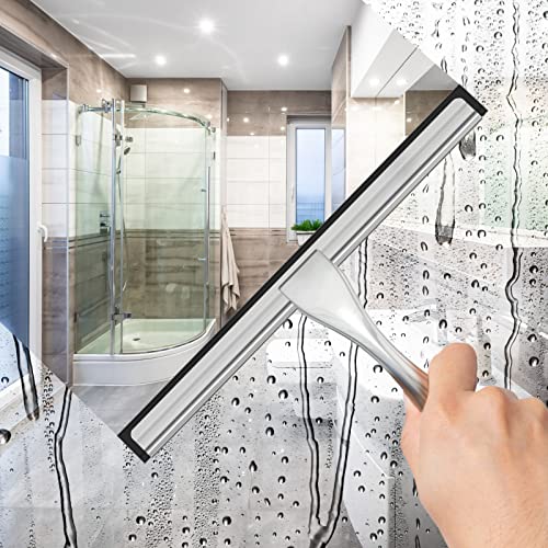 All-Purpose Stainless Steel Shower Squeegee for Shower Glass Door with 2 Adhesive Hooks, Bathroom Cleaner Tool Household Window Mirror Squeegee , Cleaning Tile Wall, Car, 10 Inch Silver - color: Silver, size: 10 Inch