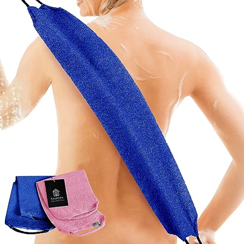 Back Scrubber Towel for Shower, 2 Pack, Pink + Jean Blue | Nylon Bath Towel Washer, Exfoliating Washcloth, Japanese Stretchable Pull Strap, Rear Wash Cloth - color: Pink + Jean Blue
