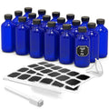 Nevlers 8 Oz Glass Bottles with Lids, Funnel, Brush, Marker & Labels | 18 Pack Leakproof 8oz Bottles with Lids | Cobalt Blue Bottle Set| Use as Glass Juice Jars , Vanilla Extract Making Kit & More - color: Blue
