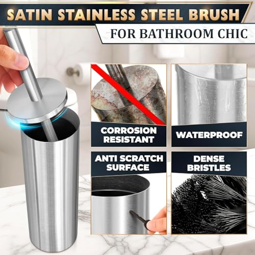 2 Pcs Stylish Stainless Steel Toilet Brush and Holder Set - Silver Toilet Bowl Brush and Holder with Splash Cover, Sturdy Bristles, Corrosion & Scratch Resistant - Elegant Design, Effective Cleaning - color: Silver 2 Pcs