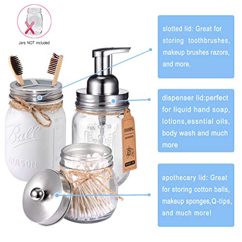 Mason Jar Bathroom Accessories Set(4pcs)- Jars Not Included - Foaming Soap Dispenser,Toothbrush Holder, and Apothecary Storage Jars Lids -Rustic Farmhouse Decor,Brushed Nickel - color: Brushed Nickel, size: 4 Regular Mouth
