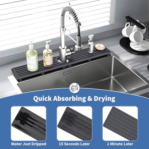 Stone Faucet Mat for Kitchen Sink, Water Absorbing Sink Water Splash Guard, Fast-Drying Kitchen Sink Faucet Mat, Durable Protector and Stone Drying Mat for Kitchen Counter & Bathroom Sink - color: Dark Gray Style 1, size: 15.8" x 4"